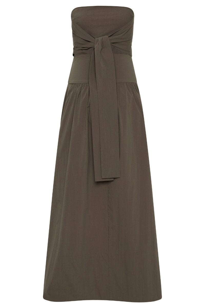 GATHERED STRAPLESS TIE BACK DRESS-KHAKI Maxi Dress ST AGNI