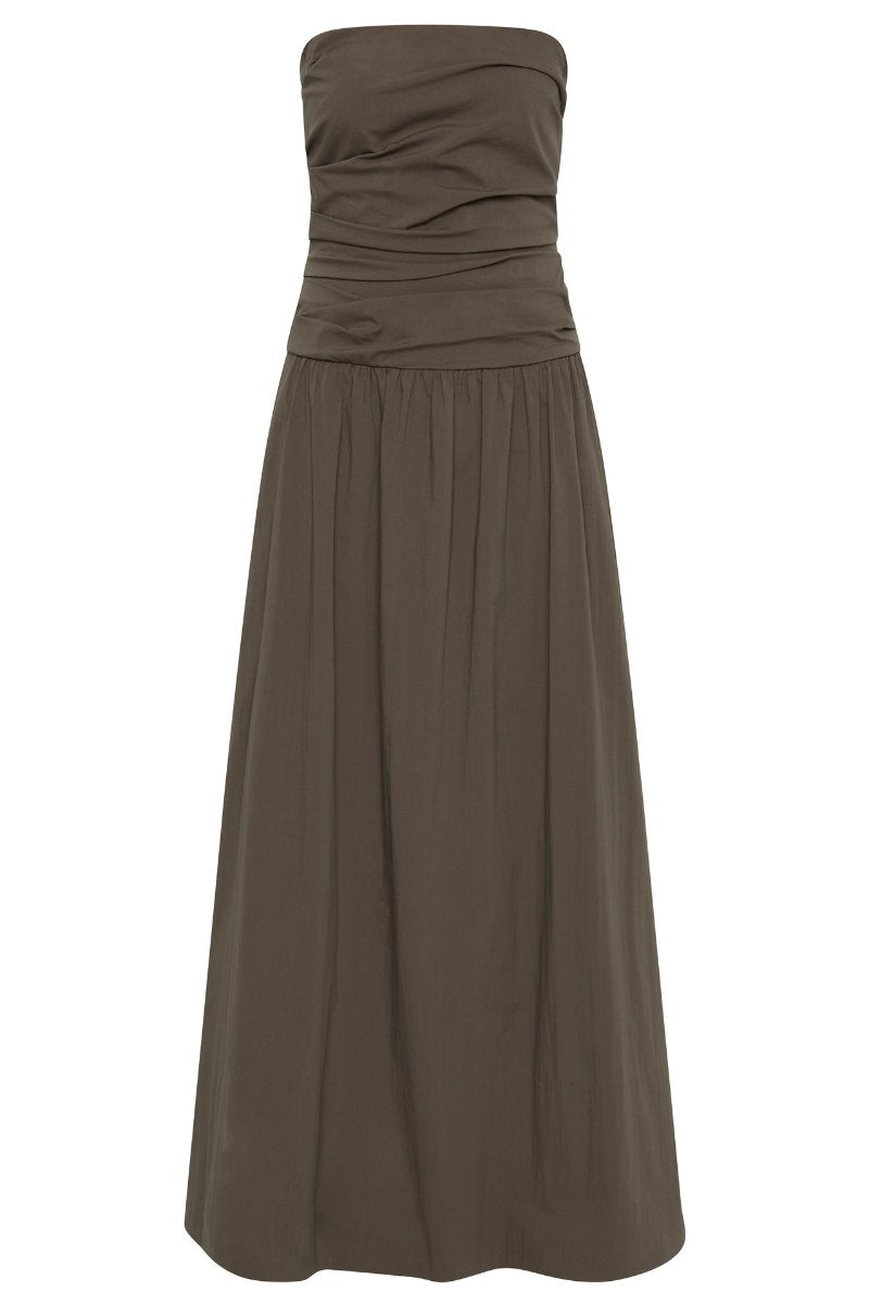 GATHERED STRAPLESS TIE BACK DRESS-KHAKI Maxi Dress ST AGNI