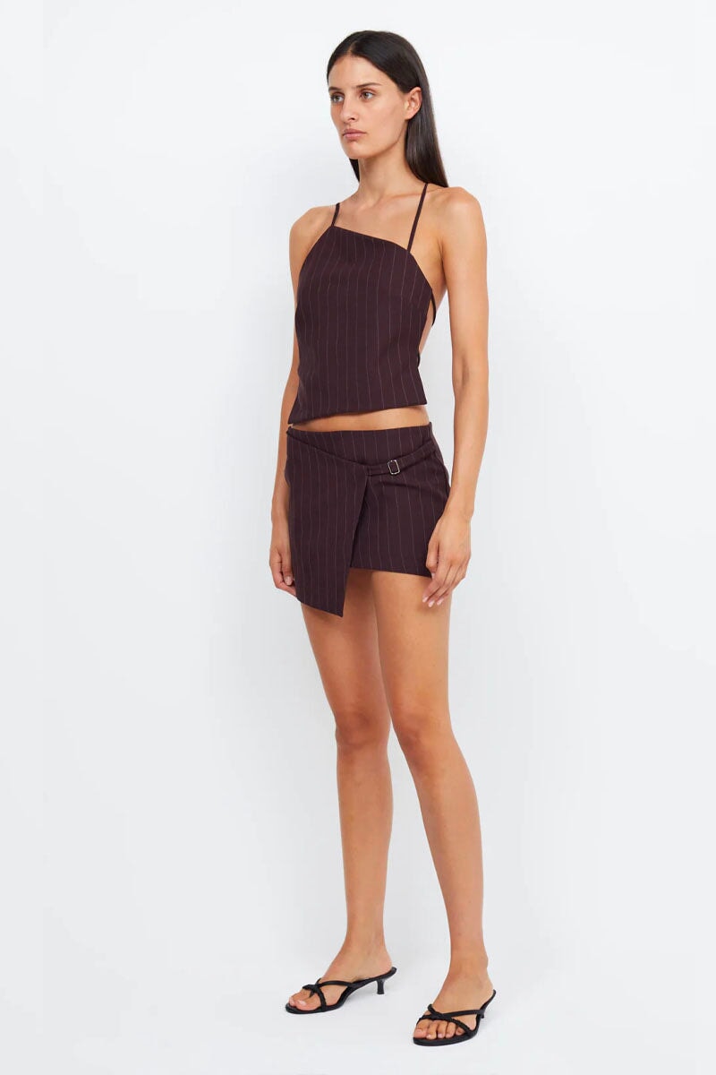 JADE WRAP MINI SKIRT-PLUM PINSTRIPE Skirts Bec and Bridge