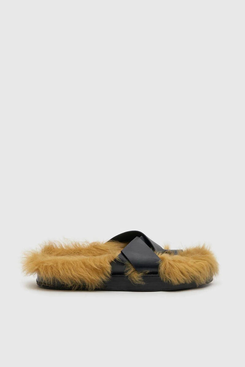 HERMAN FURRY SANDAL-BLACK WITH GOLD FUR Footwear Camilla and Marc 37 Black with Gold Fur