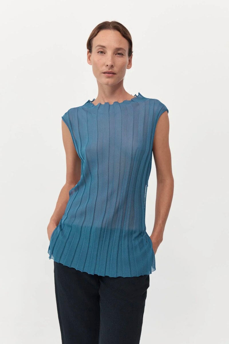 FINE PLEAT KNIT TOP-STEEL BLUE Tops ST AGNI XS Steel Blue