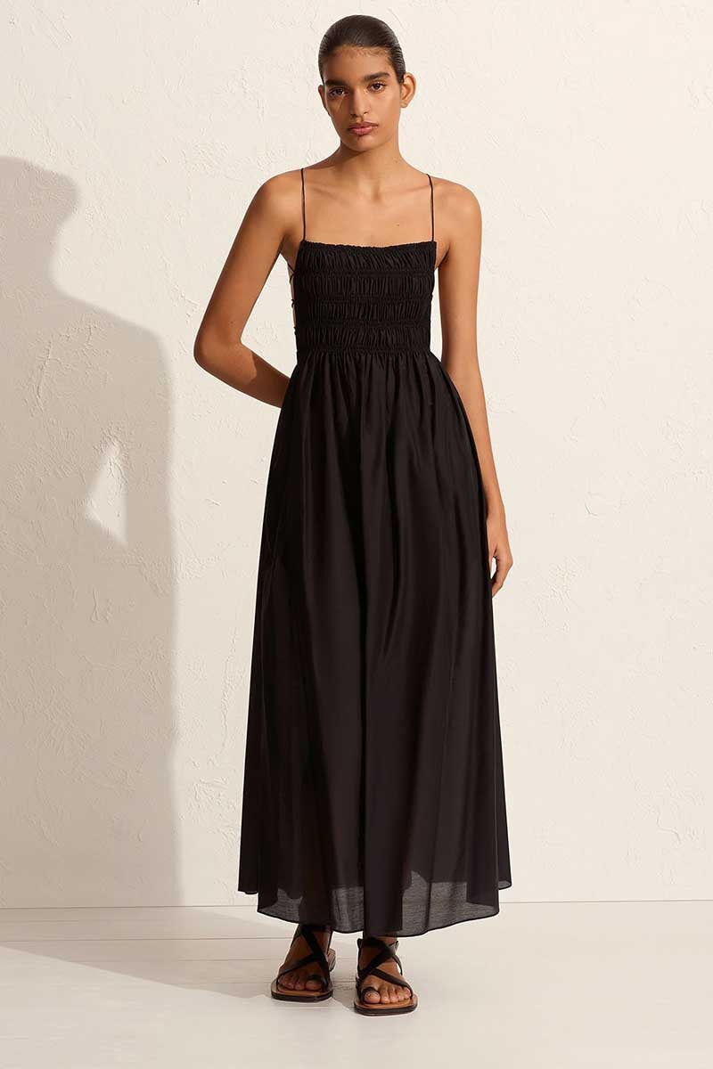 SHIRRED LACE UP DRESS-BLACK Dress Matteau