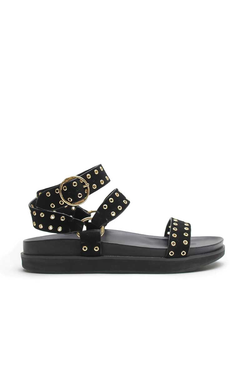 PLATFORM SANDAL-BLACK SUEDE/GOLD EYELET Shoes LA TRIBE 36 Black Suede Gold Eyelet