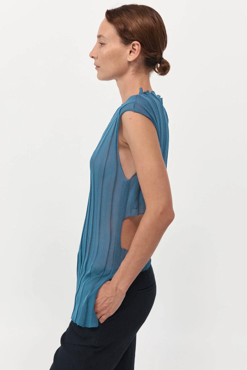 FINE PLEAT KNIT TOP-STEEL BLUE Tops ST AGNI