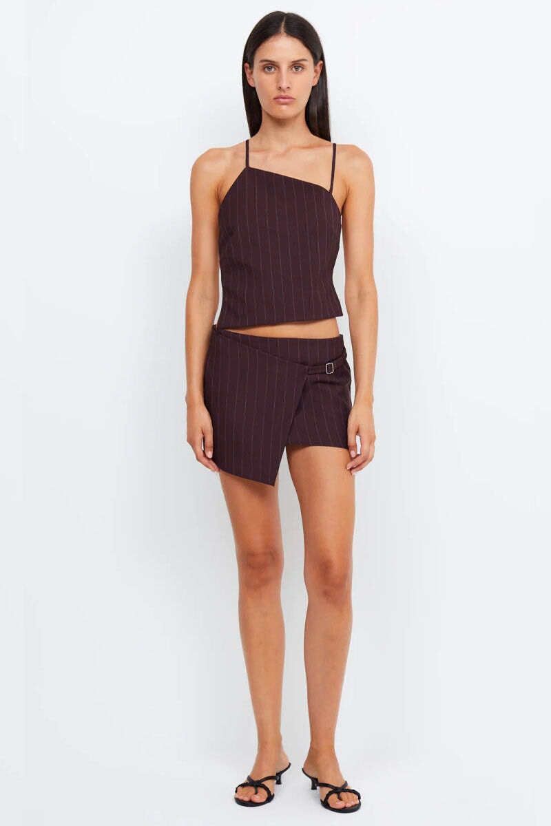 JADE WRAP MINI SKIRT-PLUM PINSTRIPE Skirts Bec and Bridge 6 Plum Pinstripe