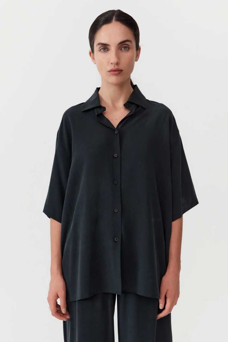 UNISEX SILK SHIRT-WASHED BLACK Tops ST AGNI