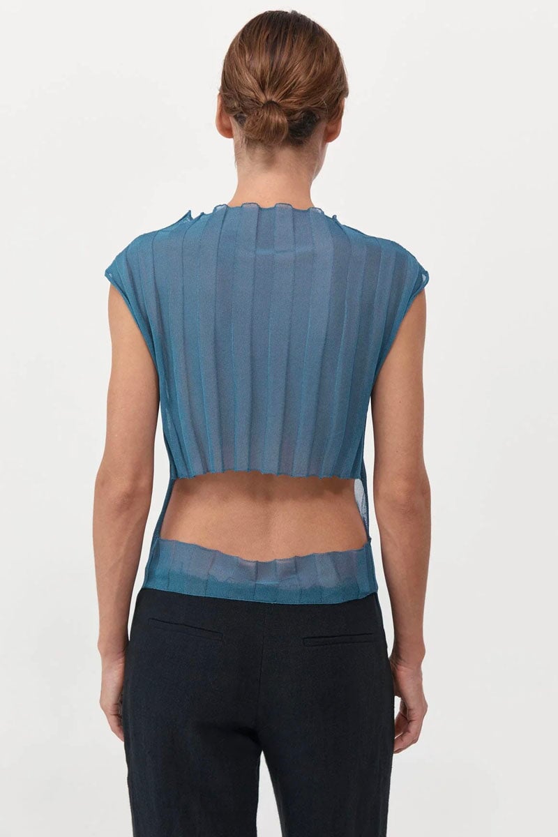 FINE PLEAT KNIT TOP-STEEL BLUE Tops ST AGNI