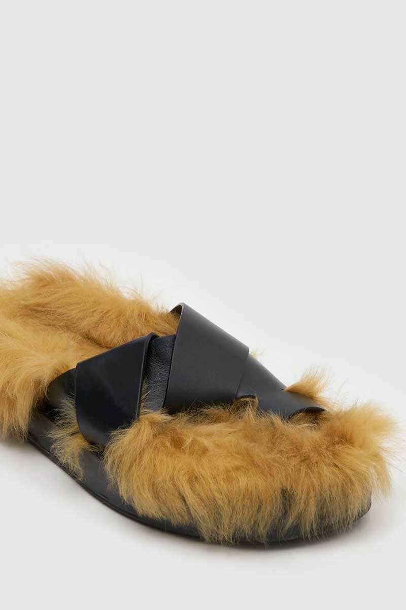 HERMAN FURRY SANDAL-BLACK WITH GOLD FUR Footwear Camilla and Marc