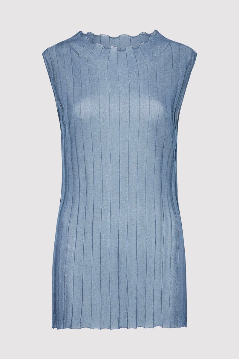 FINE PLEAT KNIT TOP-STEEL BLUE Tops ST AGNI
