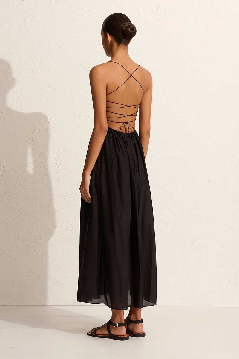 SHIRRED LACE UP DRESS-BLACK Dress Matteau