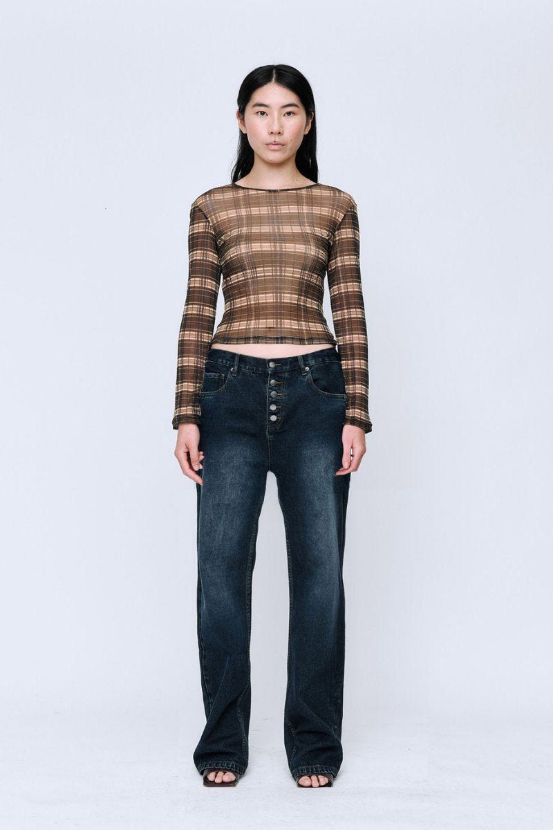 SILK MESH LONG SLEEVE TOP-BROWN CHECK Tops Wynn Hamlyn
