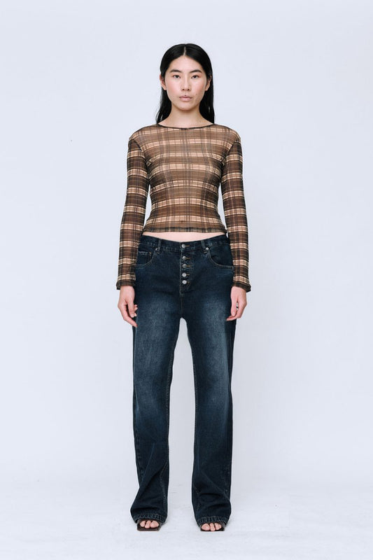 SILK MESH LONG SLEEVE TOP-BROWN CHECK Tops Wynn Hamlyn