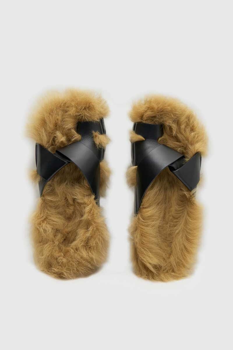 HERMAN FURRY SANDAL-BLACK WITH GOLD FUR Footwear Camilla and Marc