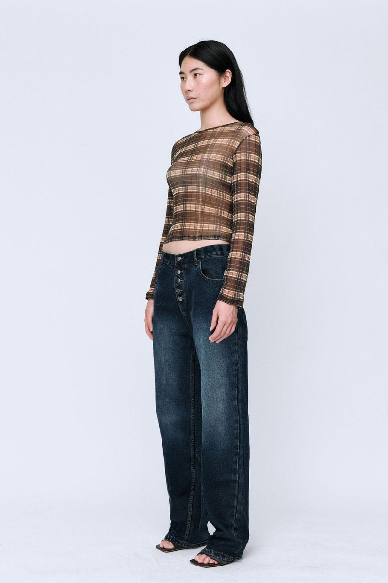 SILK MESH LONG SLEEVE TOP-BROWN CHECK Tops Wynn Hamlyn