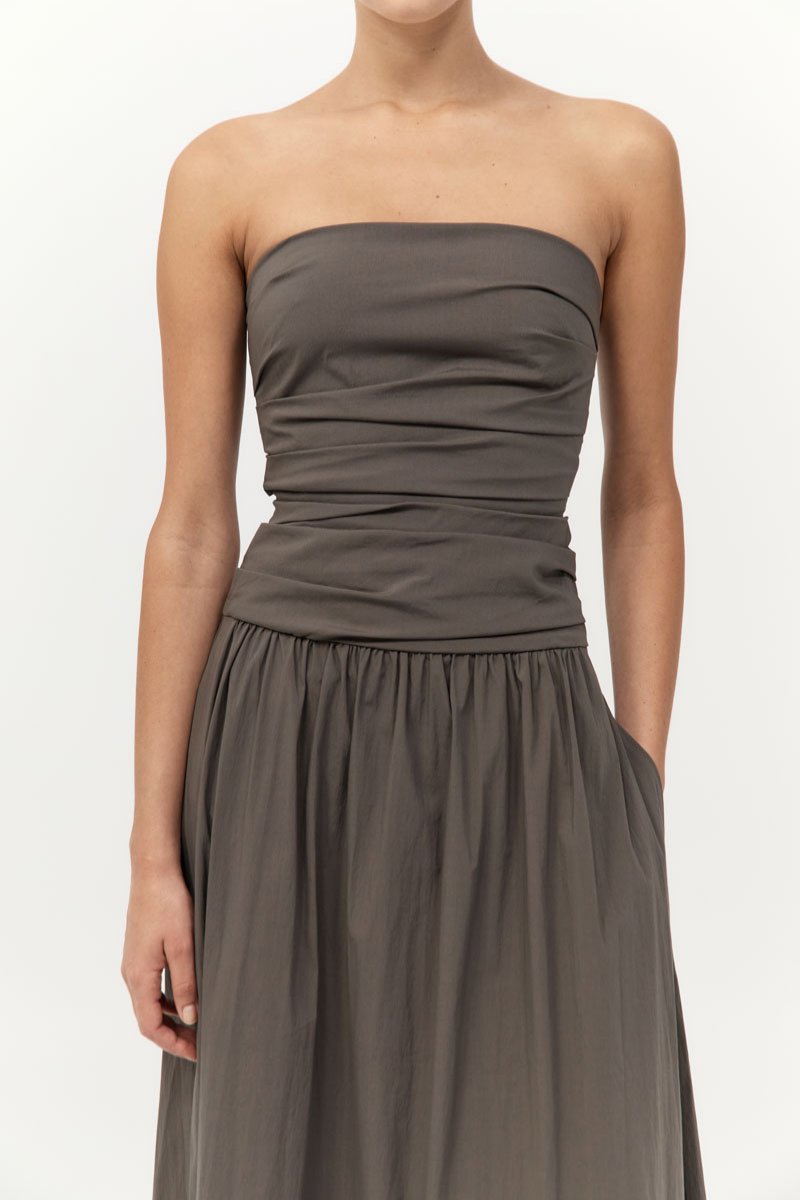 GATHERED STRAPLESS TIE BACK DRESS-KHAKI Maxi Dress ST AGNI