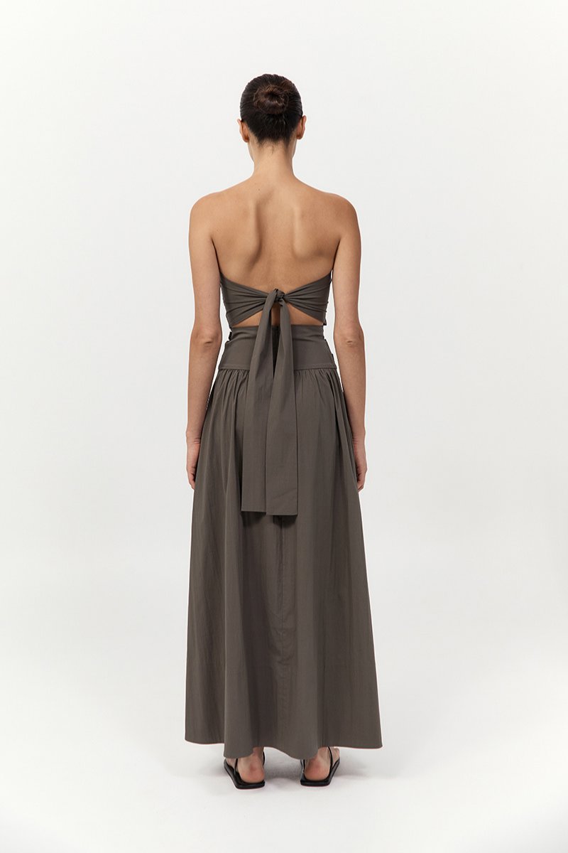 GATHERED STRAPLESS TIE BACK DRESS-KHAKI Maxi Dress ST AGNI