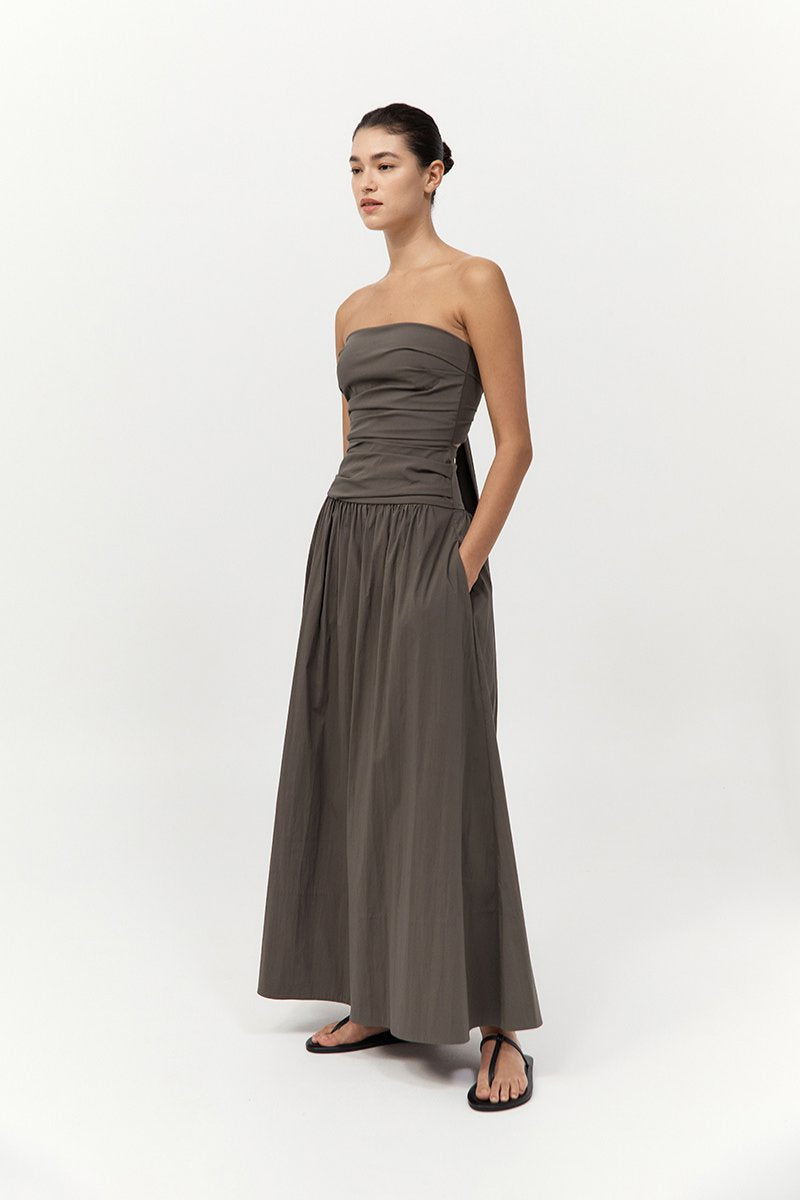 GATHERED STRAPLESS TIE BACK DRESS-KHAKI Maxi Dress ST AGNI