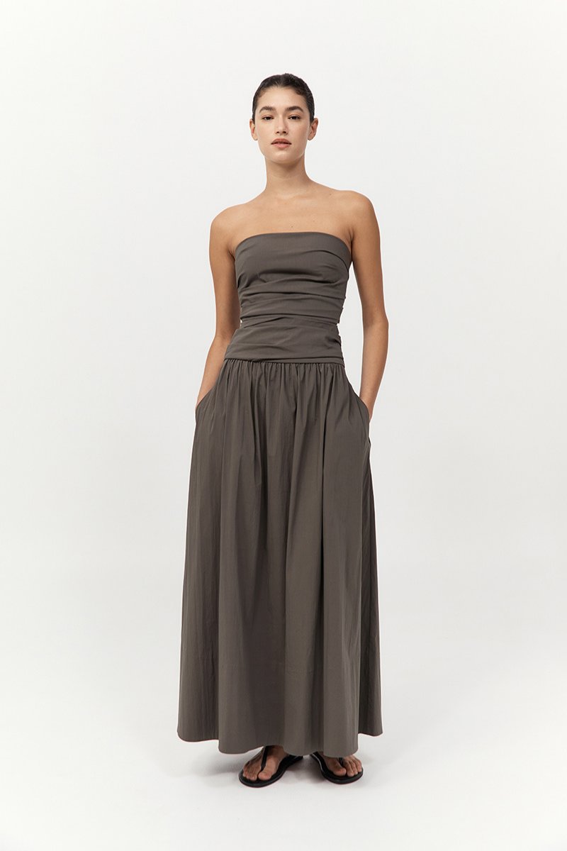 GATHERED STRAPLESS TIE BACK DRESS-KHAKI Maxi Dress ST AGNI