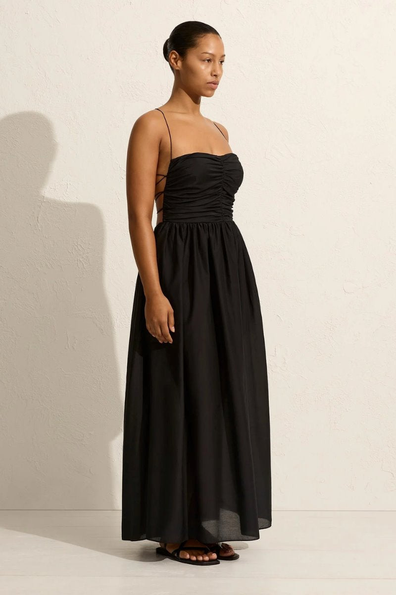 GATHERED LACE UP DRESS-BLACK Maxi Dress Matteau 