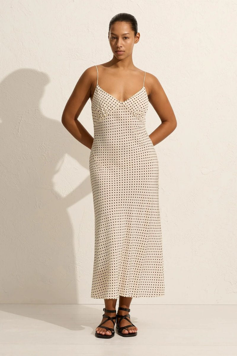 LOW BACK SLIP DRESS-BURGUNDY POLKA DOT Midi Dress Matteau 