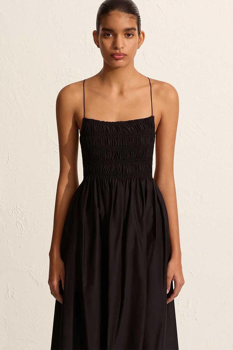 SHIRRED LACE UP DRESS-BLACK Dress Matteau 1 Black 