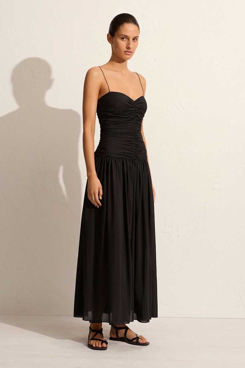 GATHERED DROP WAIST DRESS-BLACK Dress Matteau 