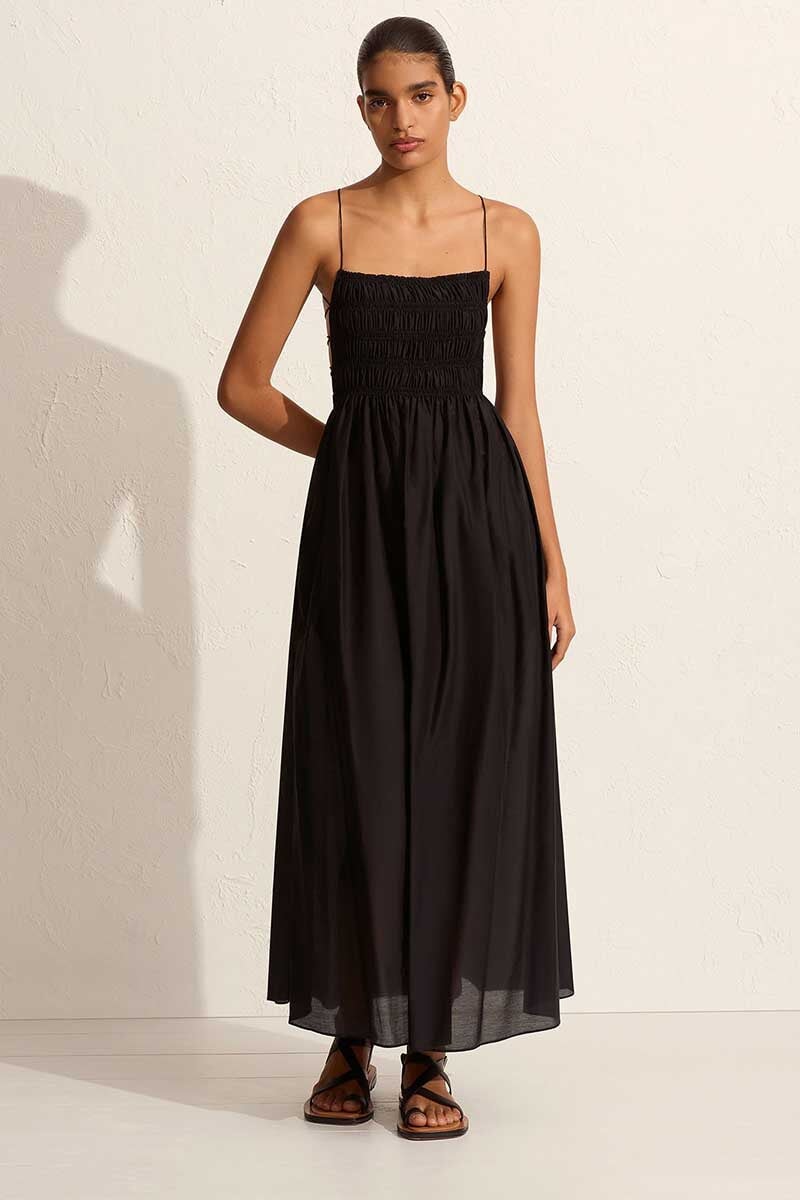 SHIRRED LACE UP DRESS-BLACK Dress Matteau 