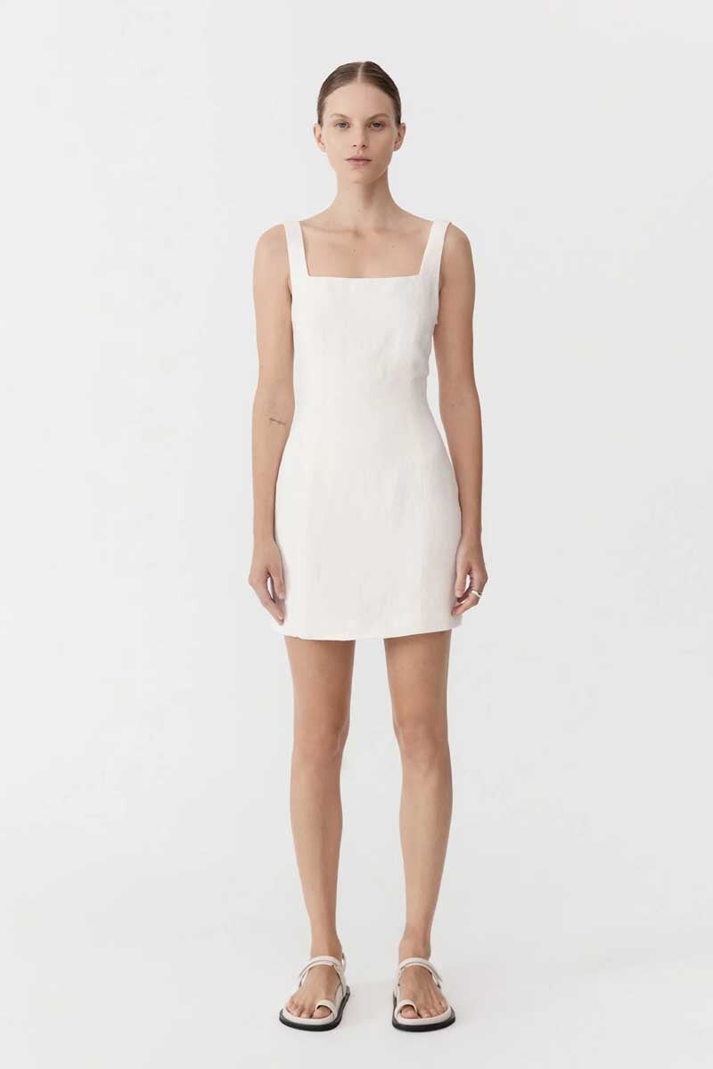 LINEN SQUARE NECK MINI DRESS-IVORY Dress ST AGNI 