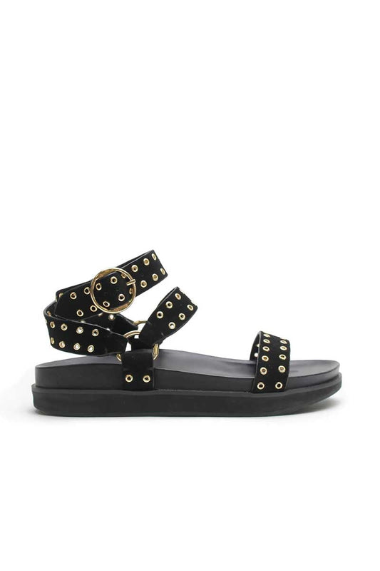 PLATFORM SANDAL-BLACK SUEDE/GOLD EYELET Shoes LA TRIBE 36 Black Suede Gold Eyelet 