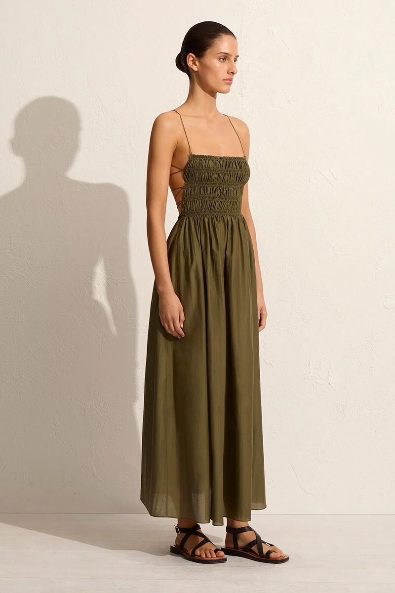 SHIRRED LACE UP DRESS-OLIVE Dress Matteau 