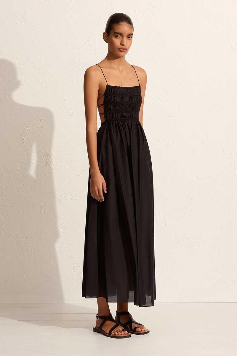 SHIRRED LACE UP DRESS-BLACK Dress Matteau 