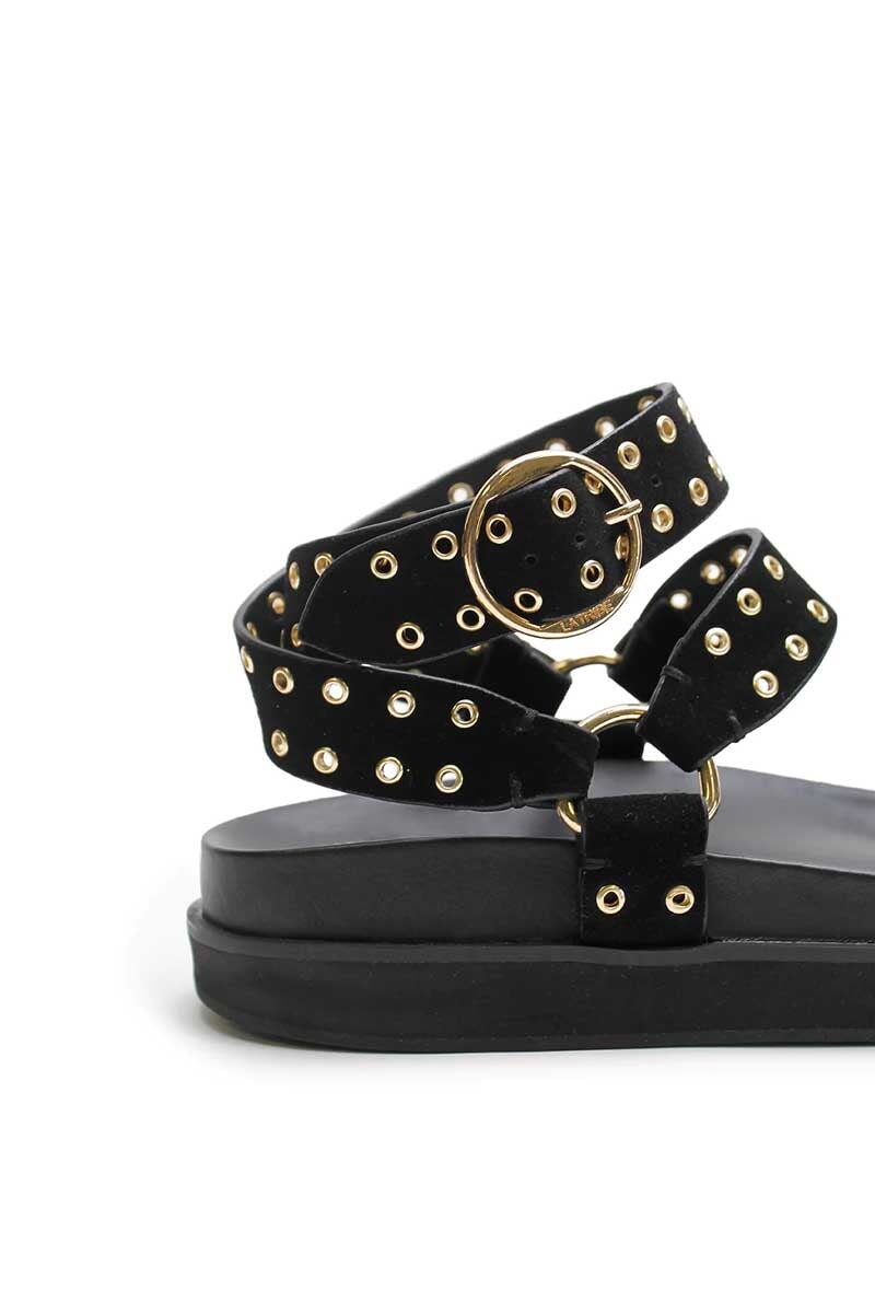 PLATFORM SANDAL-BLACK SUEDE/GOLD EYELET Shoes LA TRIBE 