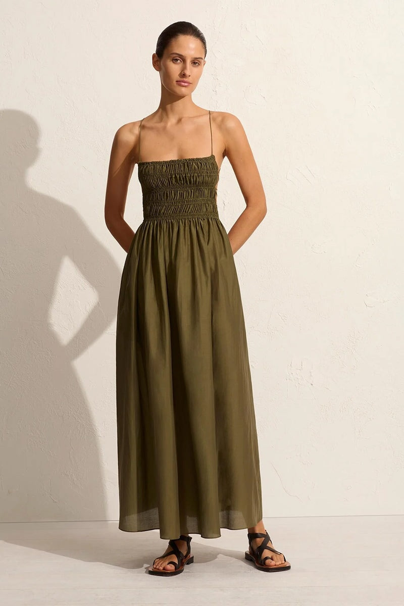 SHIRRED LACE UP DRESS-OLIVE Dress Matteau 1 Olive 