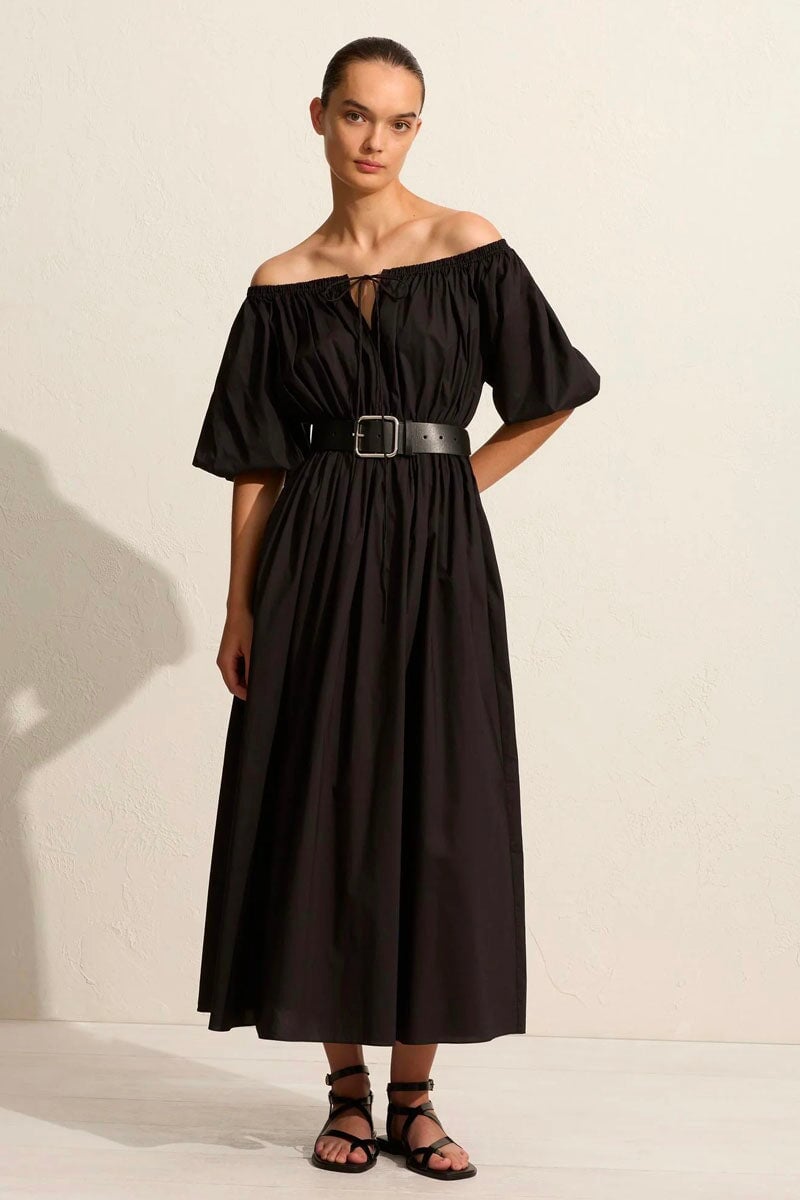 OFF THE SHOULDER MIDI DRESS-BLACK Dress Matteau 