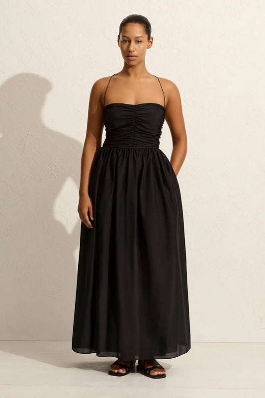 GATHERED LACE UP DRESS-BLACK Maxi Dress Matteau 
